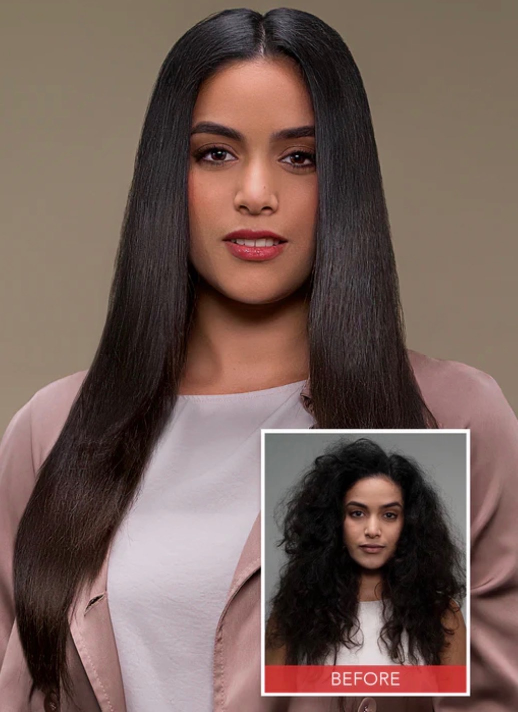 Long, sleek dark hair with an inset showing the hair before smoothing.