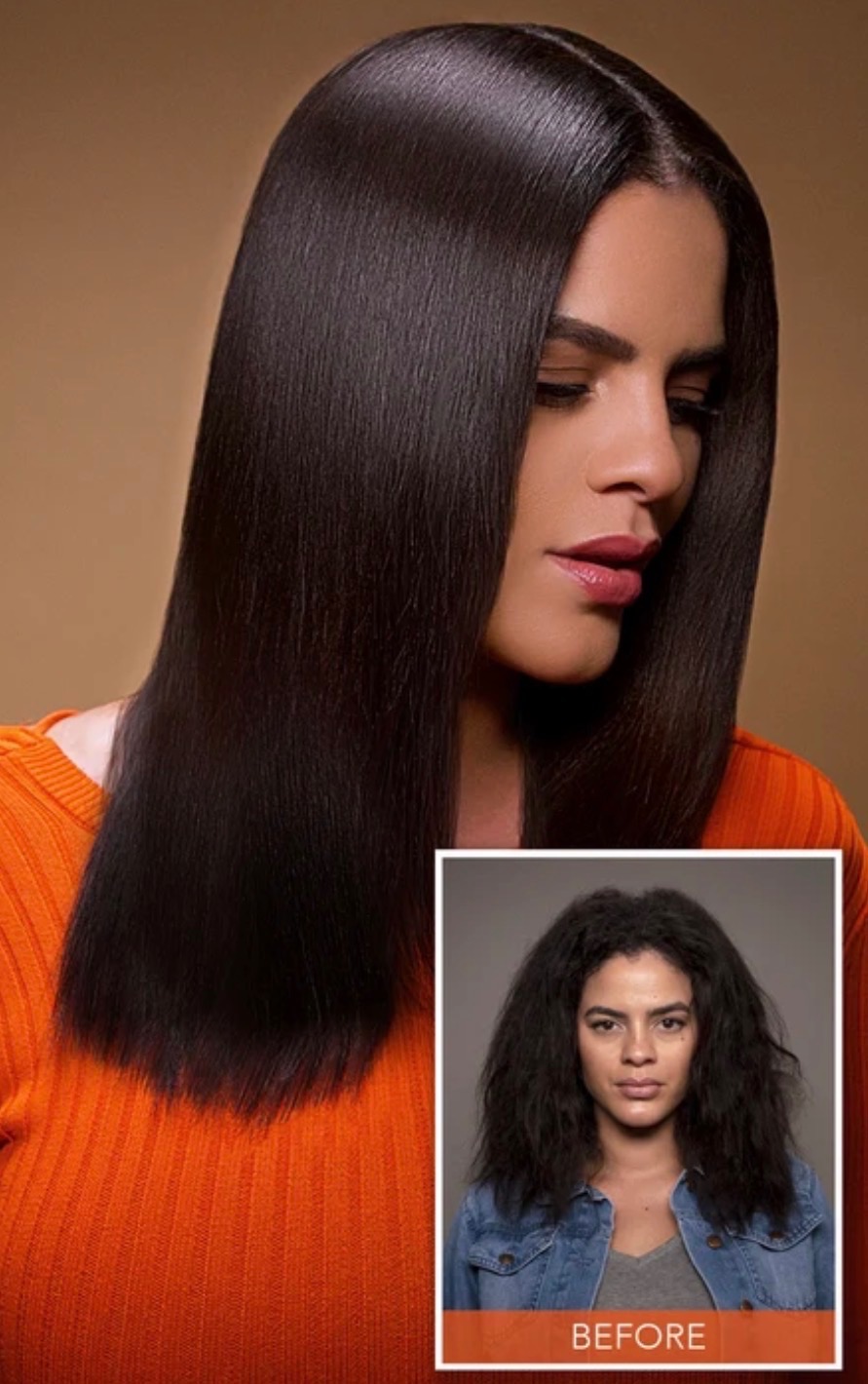 Glossy, straight dark hair with a before-treatment inset.