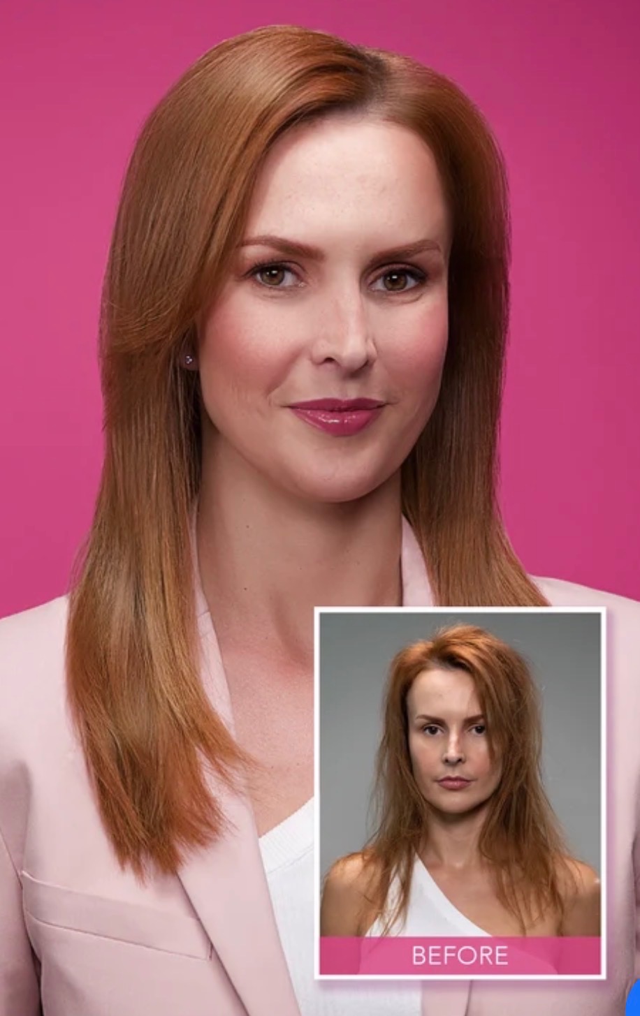 Smooth, straight auburn hair with a before-treatment inset.